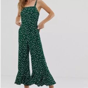 Faithfull The Brand Lea Betina Floral Green Jumpsuit Open Back Wide Leg size 6
